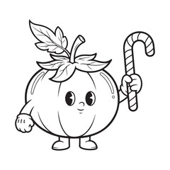 Cartoon tomato character holding a candy cane outline art