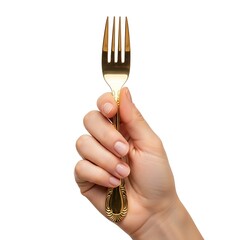 A hand holds a gold-colored fork against a plain white background.