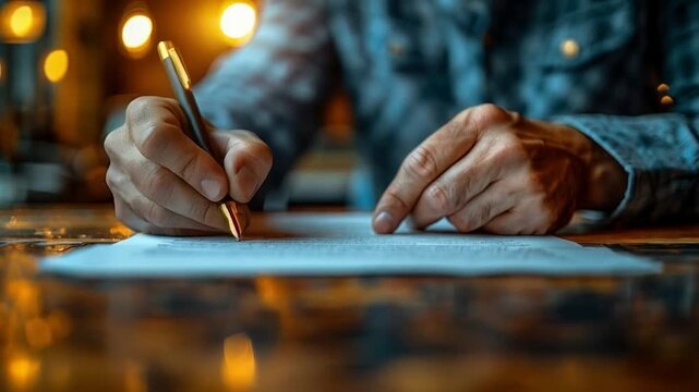 A man writes on a piece of paper with a golden pen in a warm and cozy environment