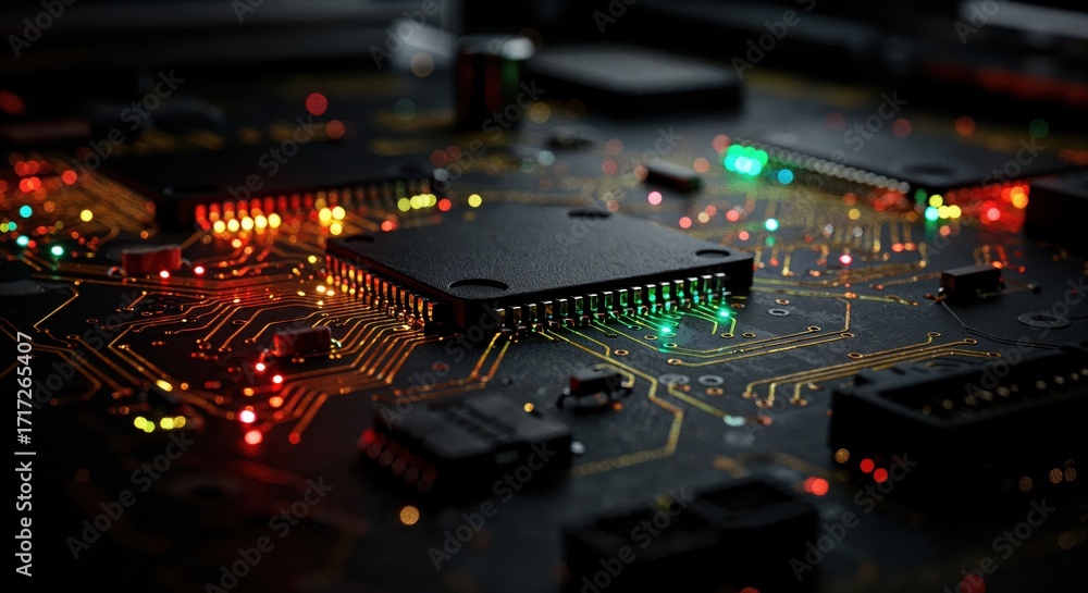 Poster circuit board: a detailed shot of a circuit board, lit with vibrant light, showcasing the complex ar