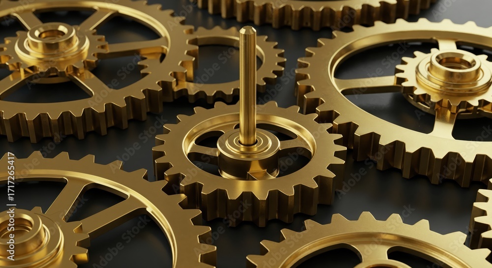 Poster interlocking gears of progress: a captivating close-up of intricately meshed golden gears, symbolizi