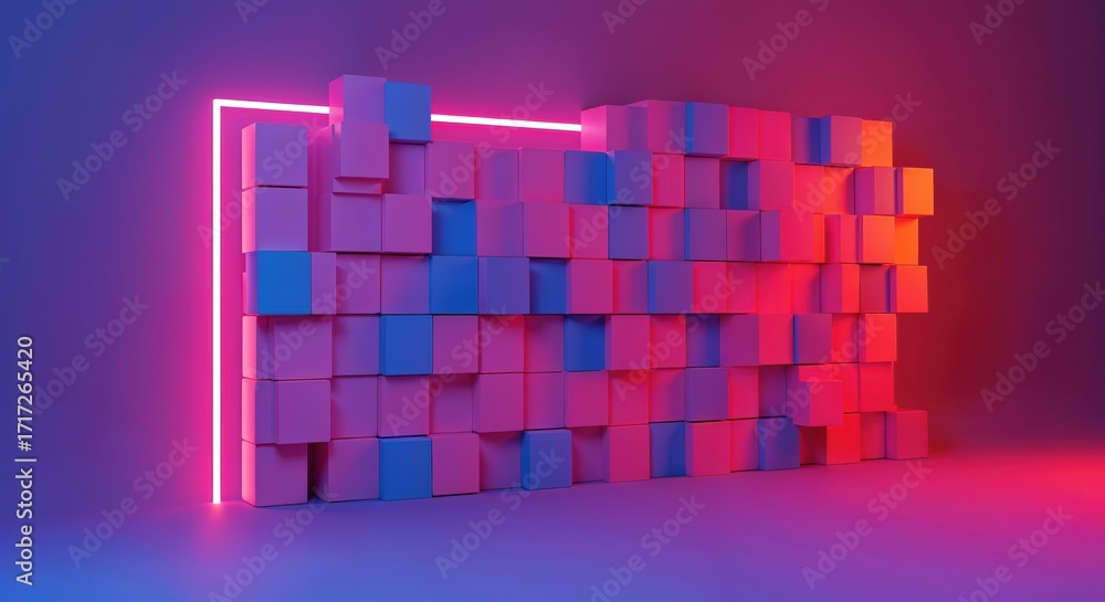 Poster neon cubes composition: an abstract, digitally rendered composition featuring a wall of stylized cub