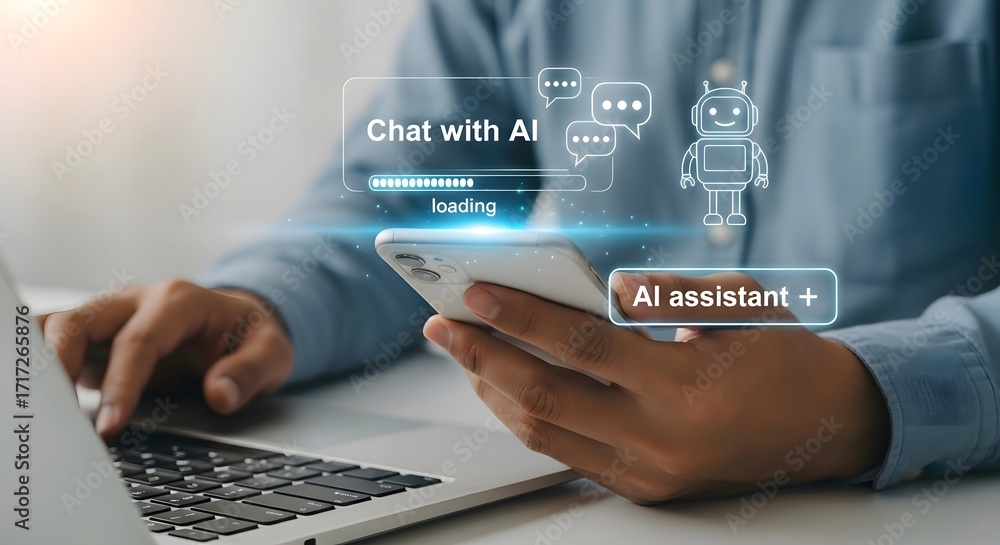 Aufkleber exploring ai chatbot assistant on mobile device with laptop for modern communication and technology