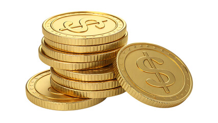 A stack of golden dollar coins with dollar signs on them against a black background in a close up view