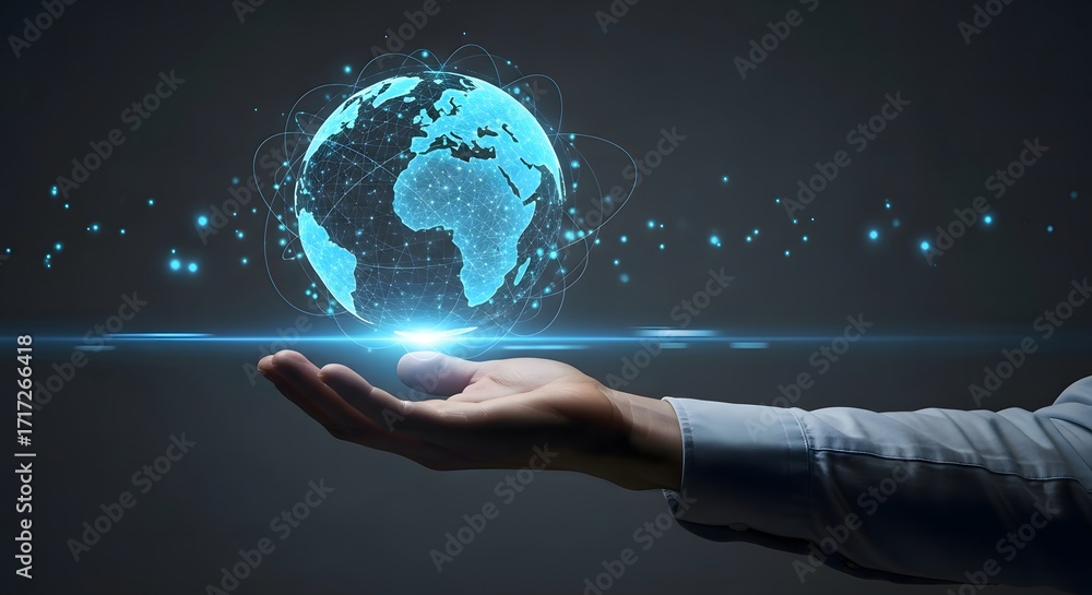 Poster global network technology concept with world map on hand for digital transformation and innovation