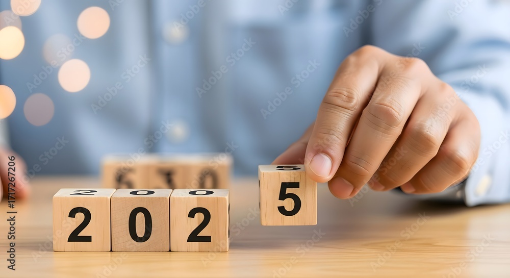 Poster new year celebration concept of wooden blocks with number changing from year two thousand twenty fou