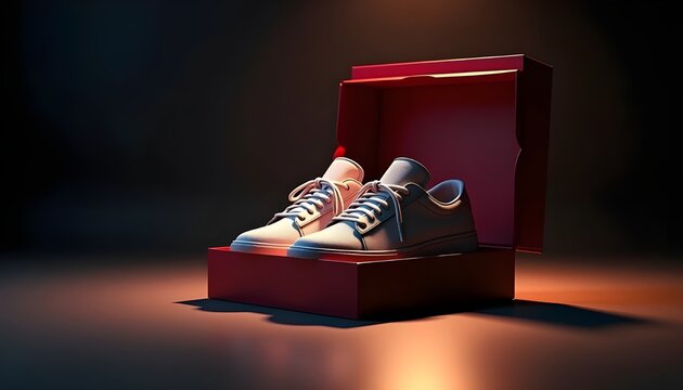 Premium New Sneakers in Open Red Box with Dramatic Spotlight and Shadow