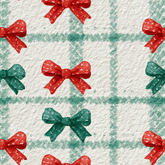 A seamless festive pattern featuring red and green plaid bows evenly scattered on a cream background perfect for holiday wrapping and seasonal decorations