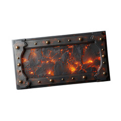 Fantasy-themed rectangular text panel with heavy steel frame, front view, reinforced corners and grated mesh detail, dark background, glowing symbols etched into metal