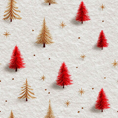 A festive seamless pattern of red gold and white glittering Christmas trees with decorative stars perfect for holiday backgrounds and seasonal designs