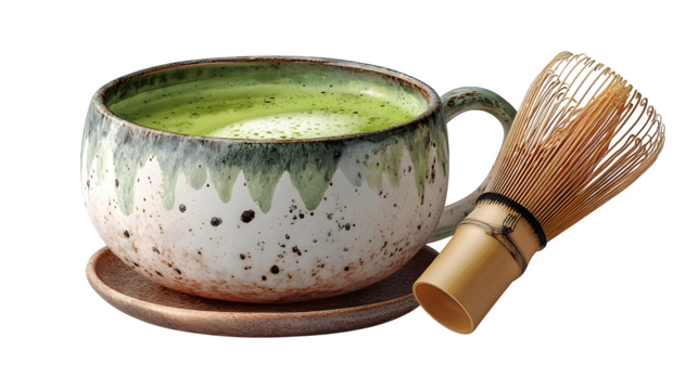 Matcha Tea with Whisk, isolated on transparent background