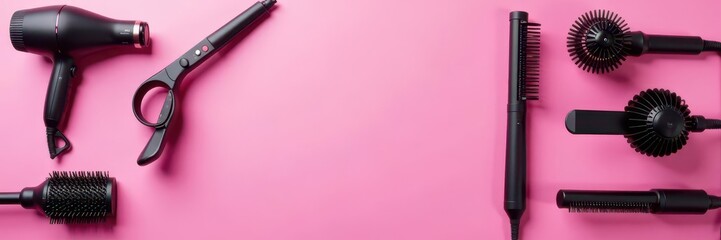 Assorted hair styling tools neatly displayed Pink surface , accessories, brushes, salon tools