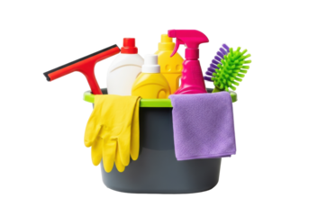Dark grey cleaning bucket with lime green rim, filled with colorful cleaning supplies on transparent background, copy space. Concept of domestic hygiene