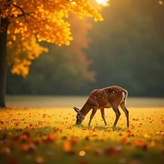 Autumn field, deer grazing peacefully Golden hour light , orange, ungulate, brown