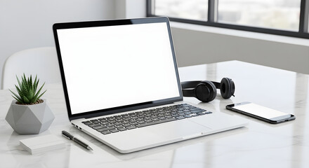 Modern office workspace with a laptop and smartphone featuring blank white screens for mockup purposes.