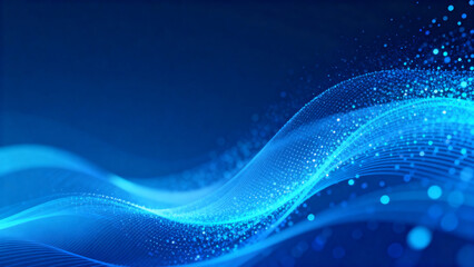 Abstract blue wave pattern with glowing particles and digital lines on a dark background