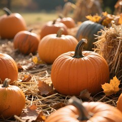 Fototapeta premium Autumn Pumpkin Patch With Hay