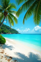 Azure ocean meets white sand, lush palms sway in breeze, idyllic, tropical