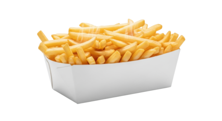White paper carton filled with golden-brown, crisp french fries with subtle steam, on a seamless transparent background with ample copy space. Concept of delicious fast food