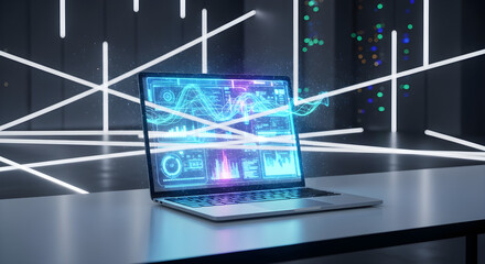 Laptop displaying data visualizations in a modern, futuristic setting.