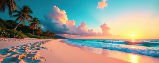 Beach at midday, vibrant blue sky, framed; sunset hues paint sky, framed , waves, warm