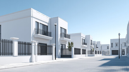 row of contemporary white townhouses enclosed by tall black metal fencing creates a secure, sleek street scene. Bright sky, clean lines, and minimal landscaping convey modern urban living. rowhouse