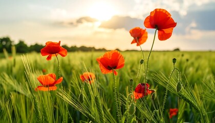 Obraz premium Close-up of vibrant red poppies blooming in a lush green field under a bright, sunlit sky at sunset