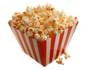 Red and white striped popcorn box filled with popcorn and scattered kernels snack isolated on a transparent background