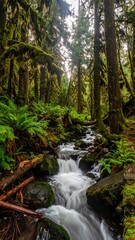 Obraz premium Tranquil Forest Stream Flowing.