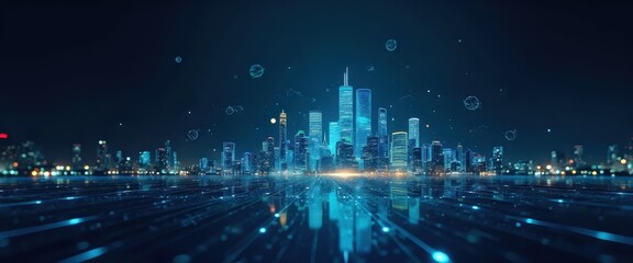 A futuristic cityscape at night with blue lights.