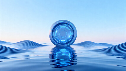 A translucent blue sphere floats above rippling water under a clear sky, reflecting light and creating a serene, futuristic scene.