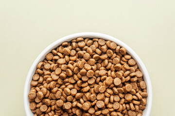 Fototapeta premium White bowl of dry dog food on beige background