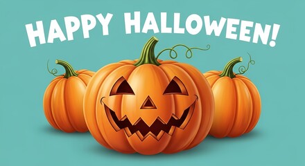 Happy Halloween celebration with three smiling jack-o'-lantern pumpkins on a festive blue background, perfect for a spooky autumn greeting