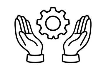 Hands holding gear cogwheel line icon. Concept of technical support, engineering, development, and industrial process. Symbol for technology service, maintenance and solutions.