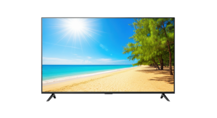 A sleek black flat-screen television centrally positioned, vividly displaying a high-definition tropical beach scene on a seamless transparent background, concept of digital escapism and tranquility