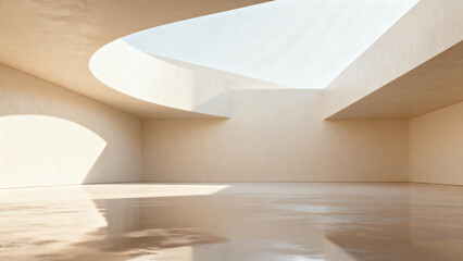 Minimalist interior space with curved architectural elements and natural light