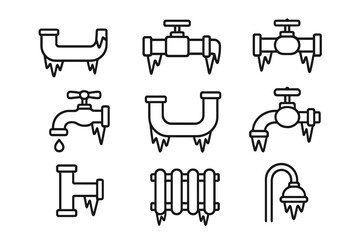 Frozen pipes line icon collection. Winter plumbing problem, burst pipe emergency. Frozen water tap, faucet, radiator, shower with icicles. Vector outline pictogram set.
