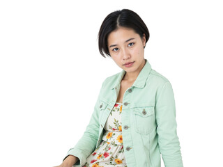 A woman sits against a white wall, wearing a light green jacket over a floral dress. Her confident expression captures attention, reflecting a stylish and relaxed vibe in an indoor space.