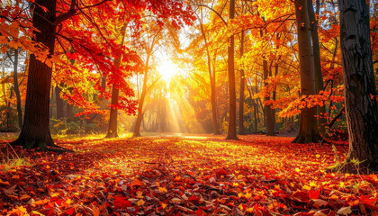 Colorful autumn forest path in the morning sun with yellow and orange leaves