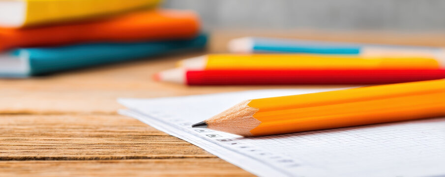  close-up of colored pencils resting on a sheet of paper, showcasing a creative workspace with a wooden surface.