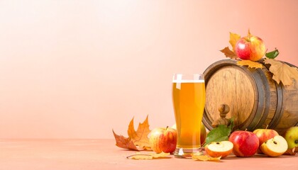 Glass of Apple Cider with Apples and Barrel on Pink Background