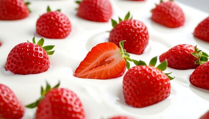 Close-up of vibrant red strawberries nestled in a sea of creamy white, with one sliced to reveal its juicy interior. The arrangement is appealing and appetizing