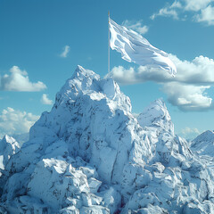 Leadership icon of flag on mountain top, 3D matte style, floating white