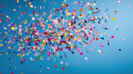 Colorful confetti falling dynamically against a solid blue background, conveying a sense of joyful celebration.
