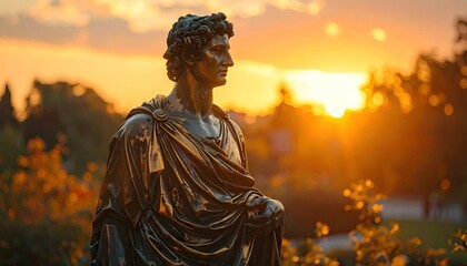Fototapeta premium Bronze Statue Under Golden Sunset Sky Cinematic HDR Urban Photography
