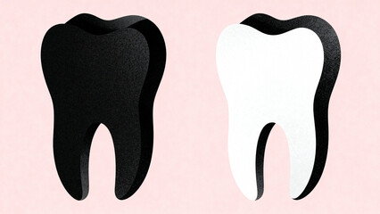 Comparison of black and white tooth illustrations on a pink background