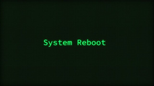 Retro terminal message System Reboot with neon green CRT glow, pixel grid, and soft scanline noise on a dark background. 4K video
