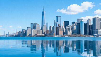 Fototapeta premium City skyline with modern skyscrapers reflected in calm water under a clear blue sky