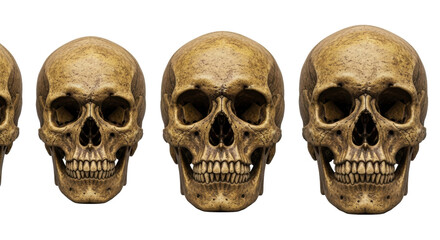 Five ancient, yellowish-brown fossilized human skulls, detailed, varied perspectives, linear on white studio background with copy space, concept of history and mortality.