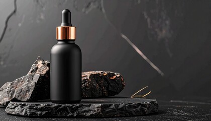 Elegant Black Perfume Bottle with Rose Gold Dropper on Dark Background